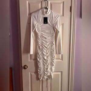 Fashion Nova White Long Sleeve Ruched Dress